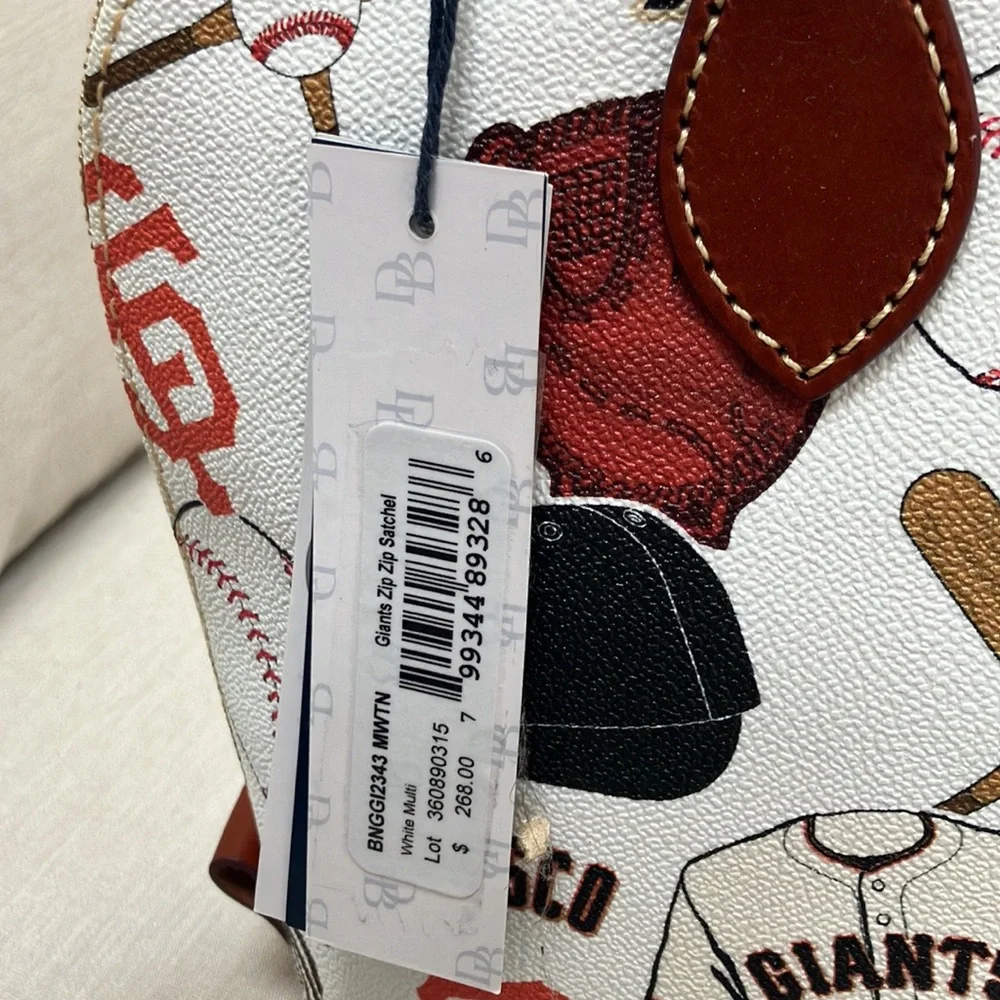 Dooney & Bourke White Baseball Print Satchel with Brown Trim and Red Accents